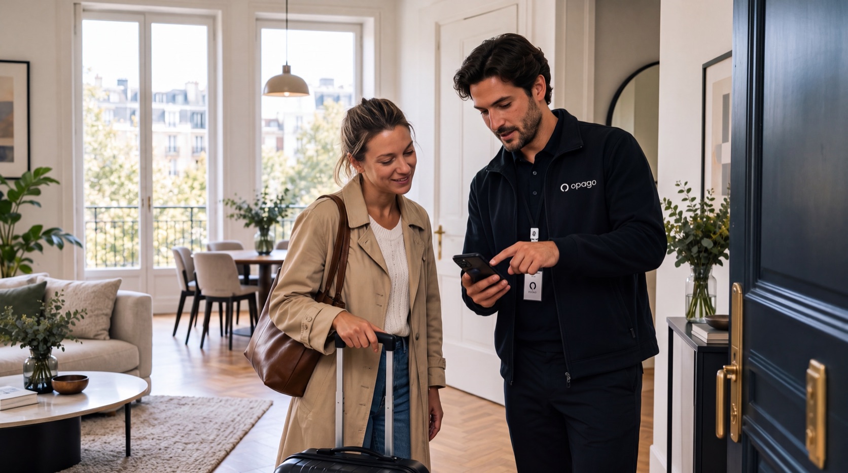 An Opago team member meeting an arriving guest at the door of a serviced apartment