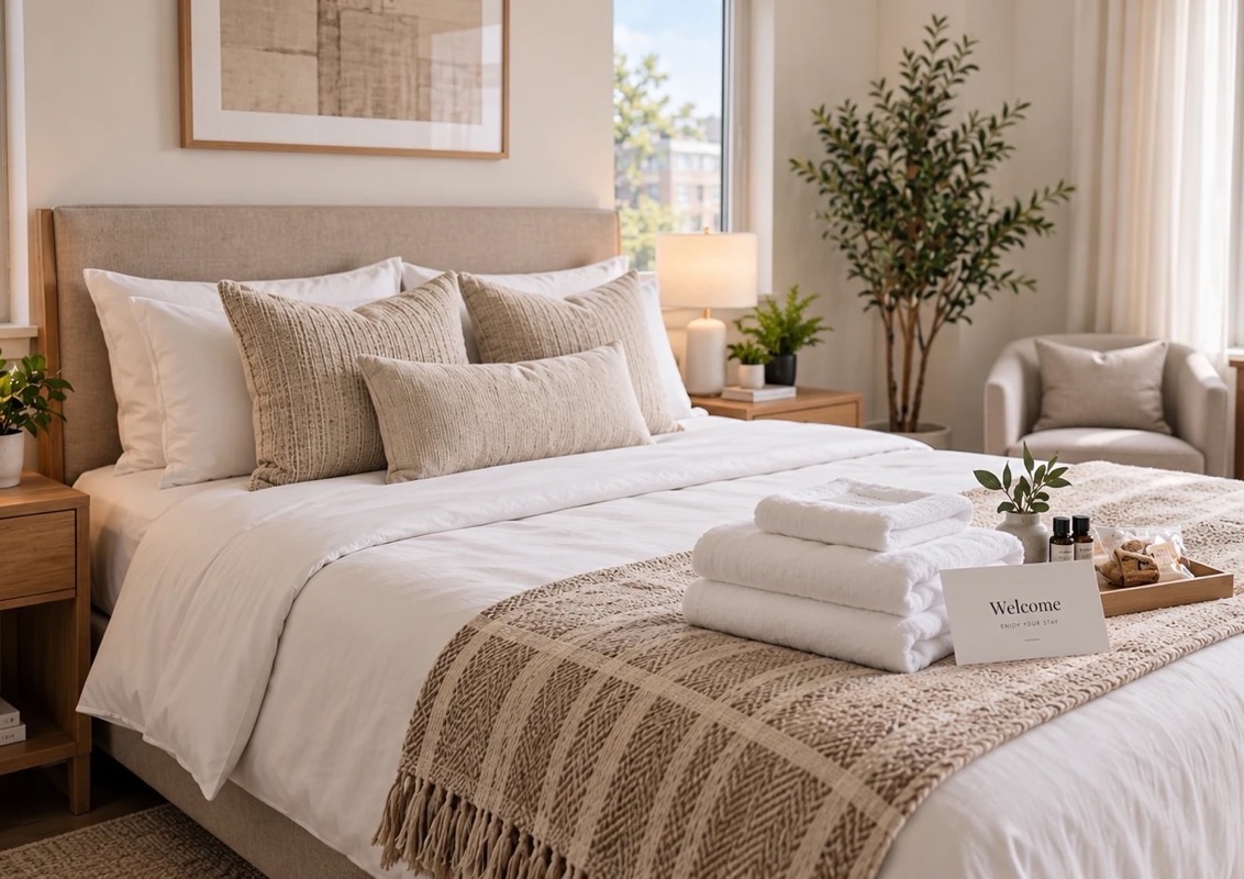 Chambre prête à accueillir : linge frais, serviettes pliées et plateau de bienvenue