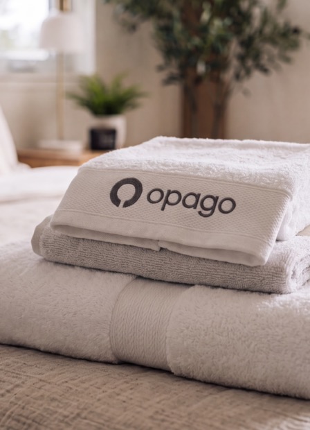 Serviettes à la marque Opago pliées sur un lit fraîchement fait