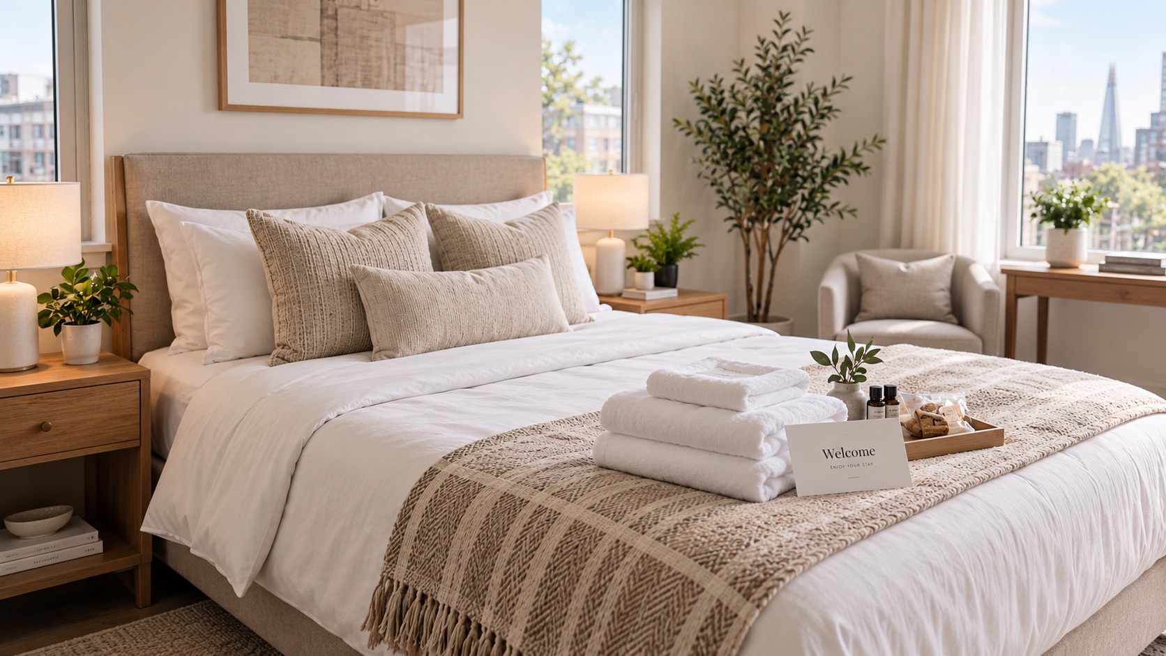 Hotel-grade linen and towels laid out on a made bed, with a welcome card