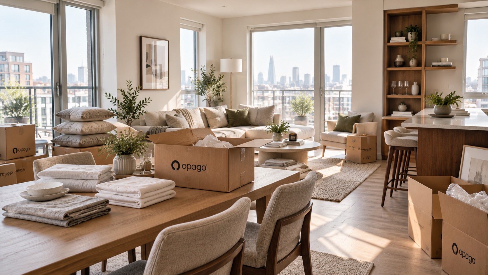 Opago boxes being unpacked as a new apartment is set up for its first guest